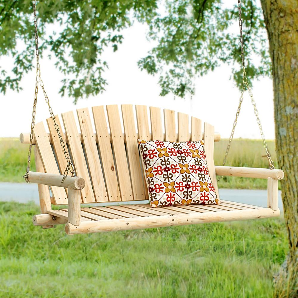 Natural Unfinished Wood Log Cabin Porch Swing with Chains