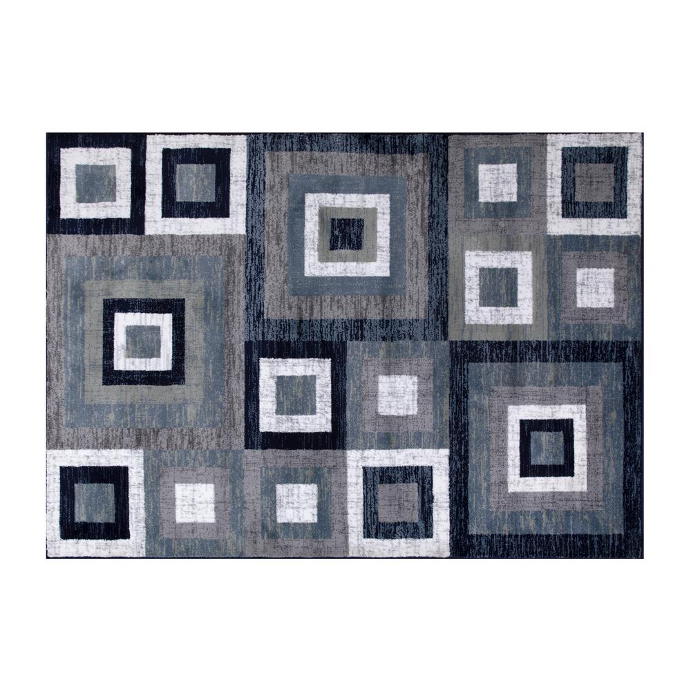 Geometric 6' x 9' Blue, Grey, and White Olefin Area Rug with Cotton Backing