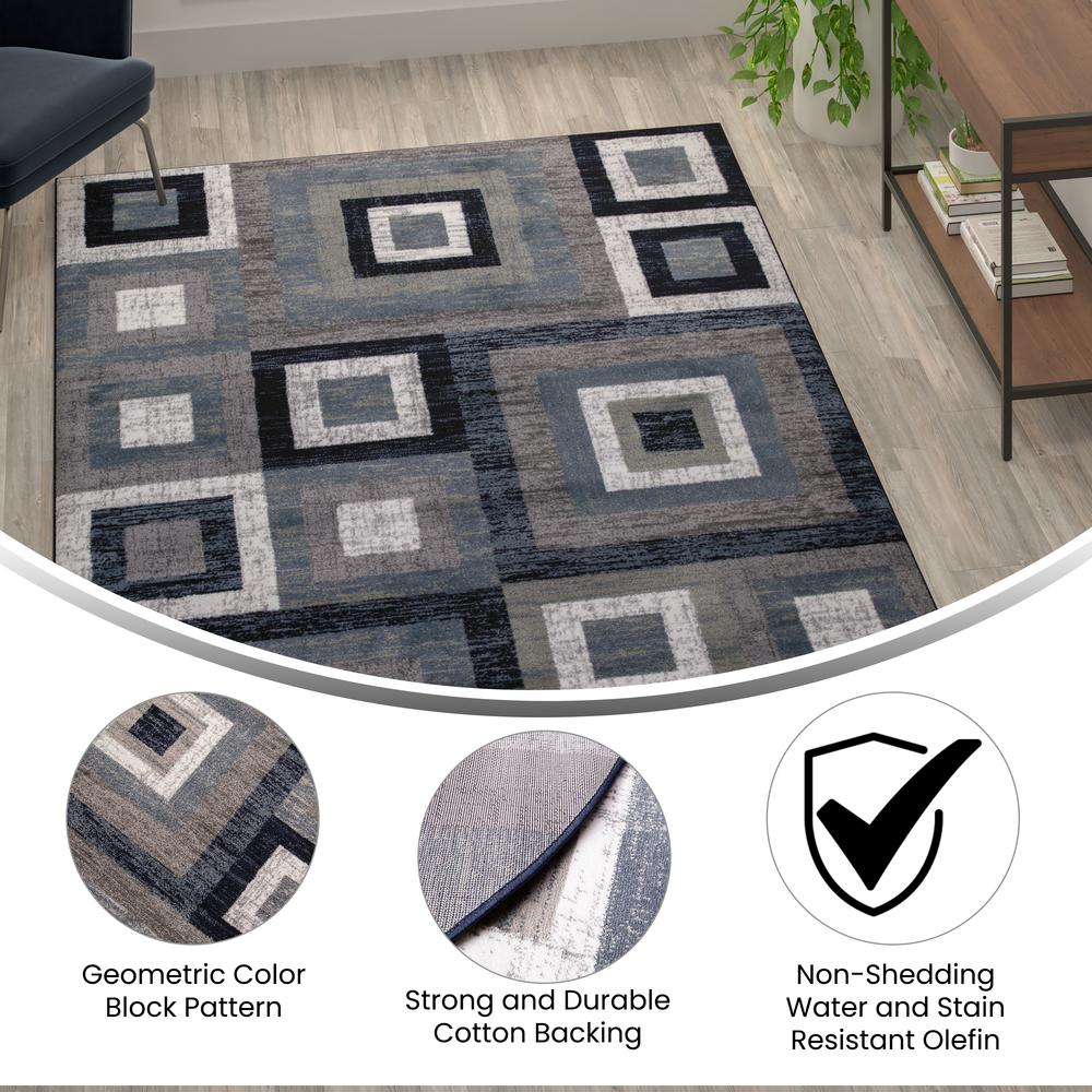 Geometric 6' x 9' Blue, Grey, and White Olefin Area Rug with Cotton Backing