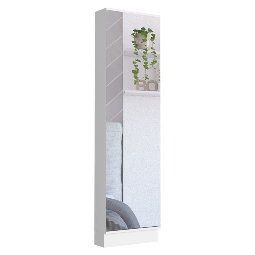 Shoe Rack Chimg, Mirror, Five Interior Shelves, Single Door Cabinet, White Finish