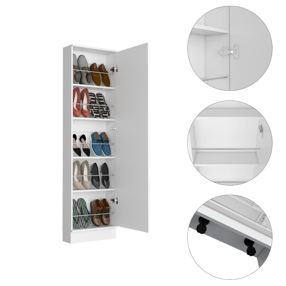 Shoe Rack Chimg, Mirror, Five Interior Shelves, Single Door Cabinet, White Finish