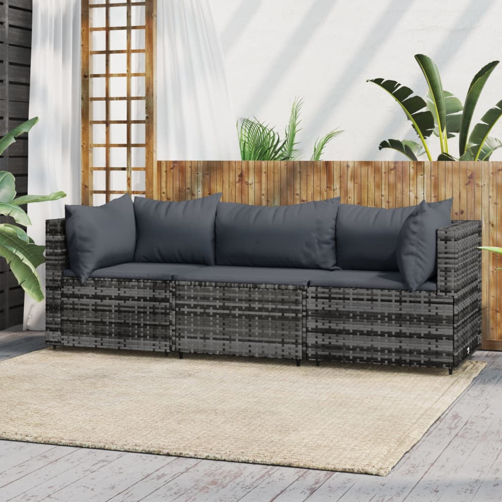 vidaXL 3 Piece Patio Lounge Set with Cushions Gray Poly Rattan