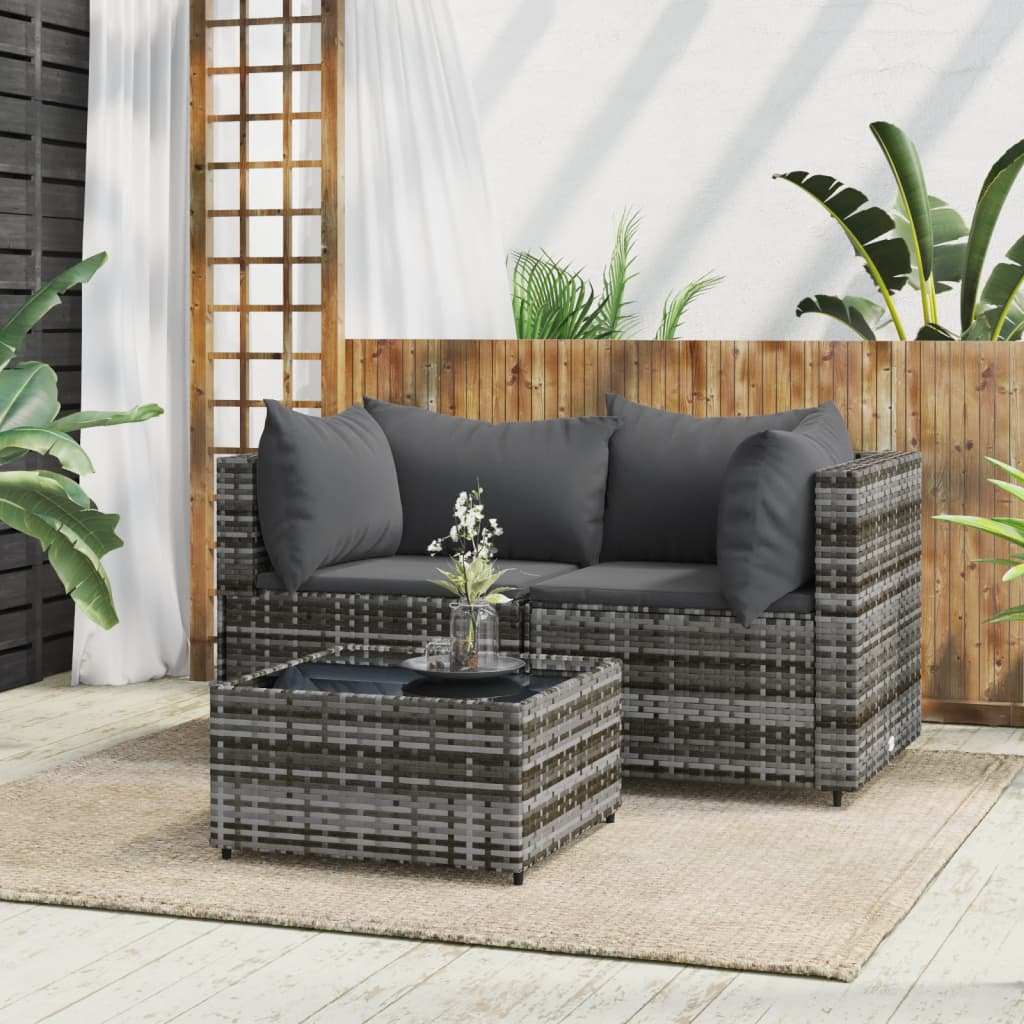 vidaXL 3 Piece Patio Lounge Set with Cushions Gray Poly Rattan