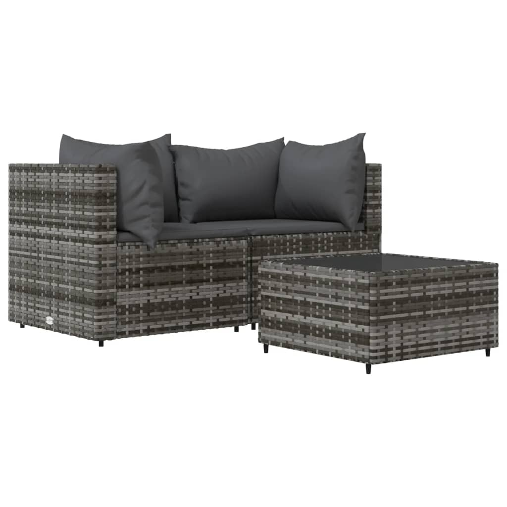 vidaXL 3 Piece Patio Lounge Set with Cushions Gray Poly Rattan