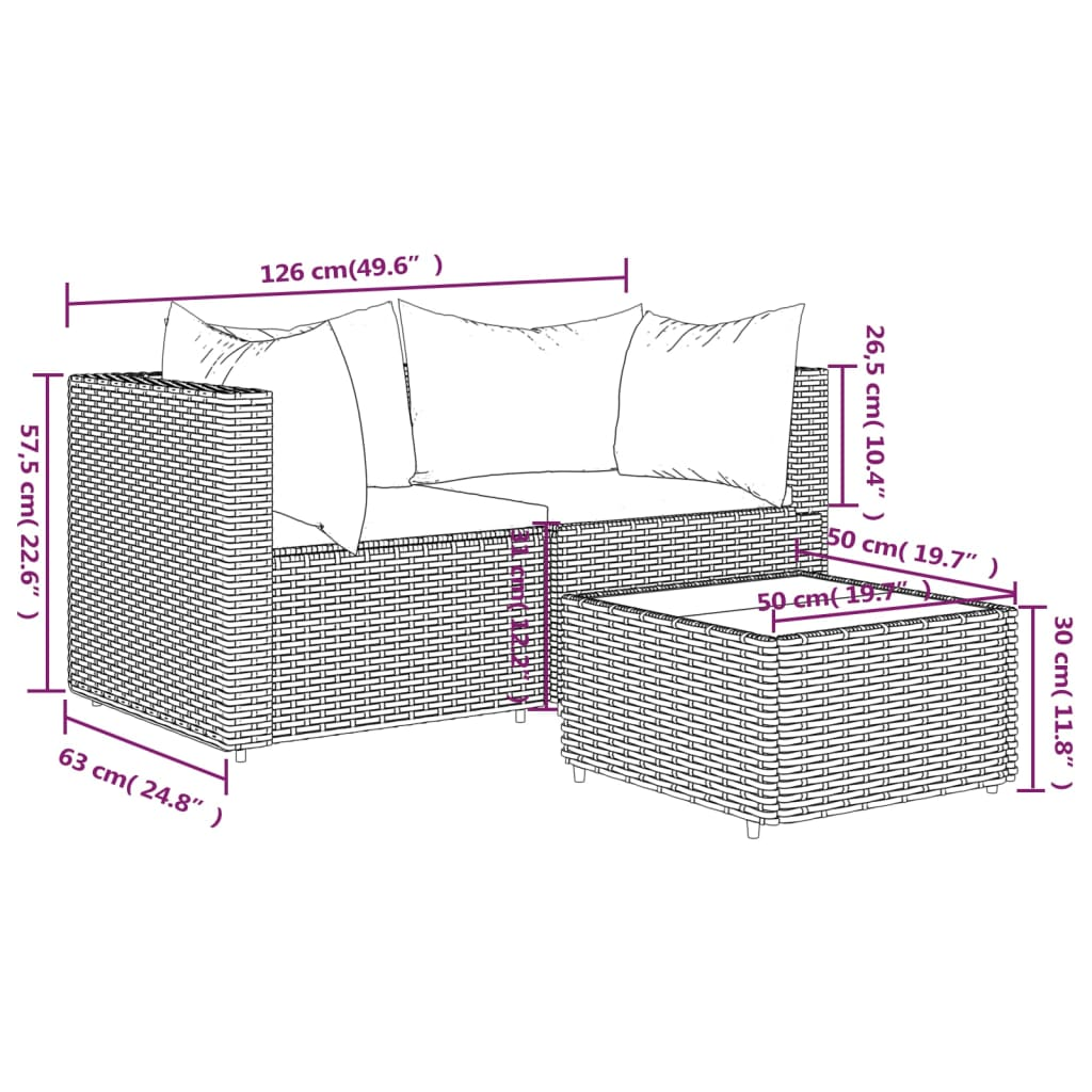 vidaXL 3 Piece Patio Lounge Set with Cushions Gray Poly Rattan