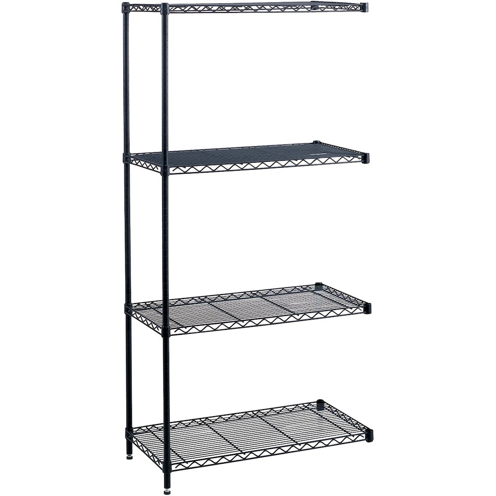 Safco Industrial Wire Shelving Add-On Unit - 36" x 18" x 72" - 4 x Shelf(ves) - Leveling Glide, Adjustable Leveler, Adjustable Feet, Dust Proof - Black - Powder Coated - Steel, Plastic - Assembly Requ