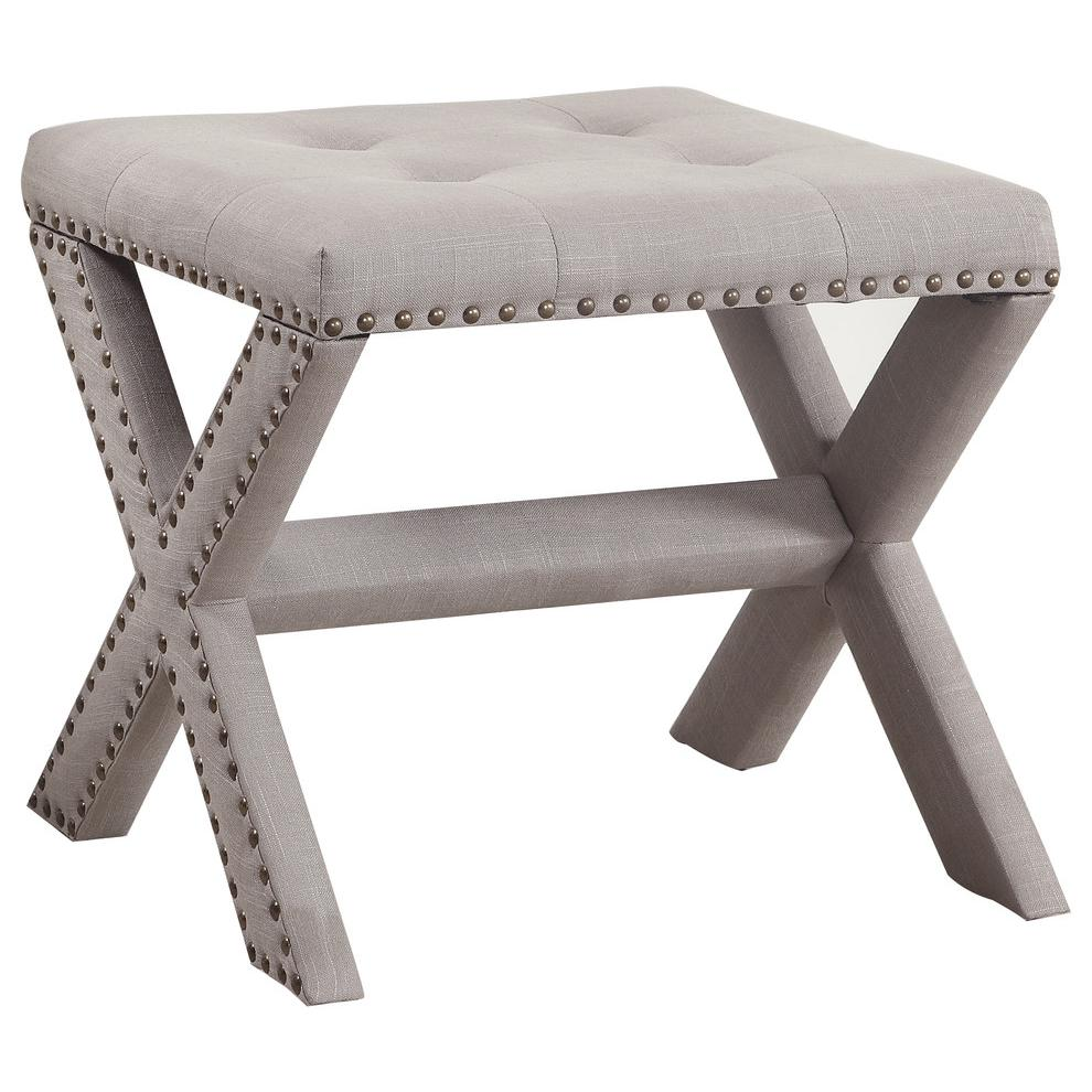 Best Master Fabric Upholstered Square Accent Bench in Neutral Gray/Nail Heads