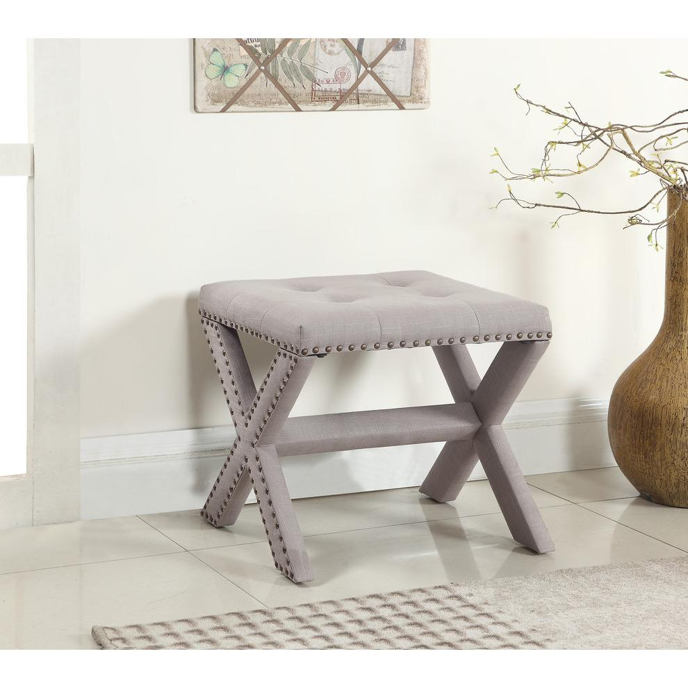 Best Master Fabric Upholstered Square Accent Bench in Neutral Gray/Nail Heads