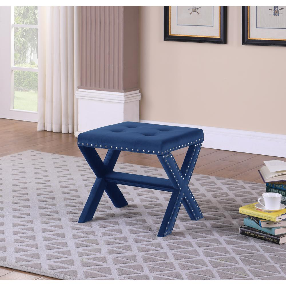 Velvet Fabric Upholstered Square Accent Bench in Blue