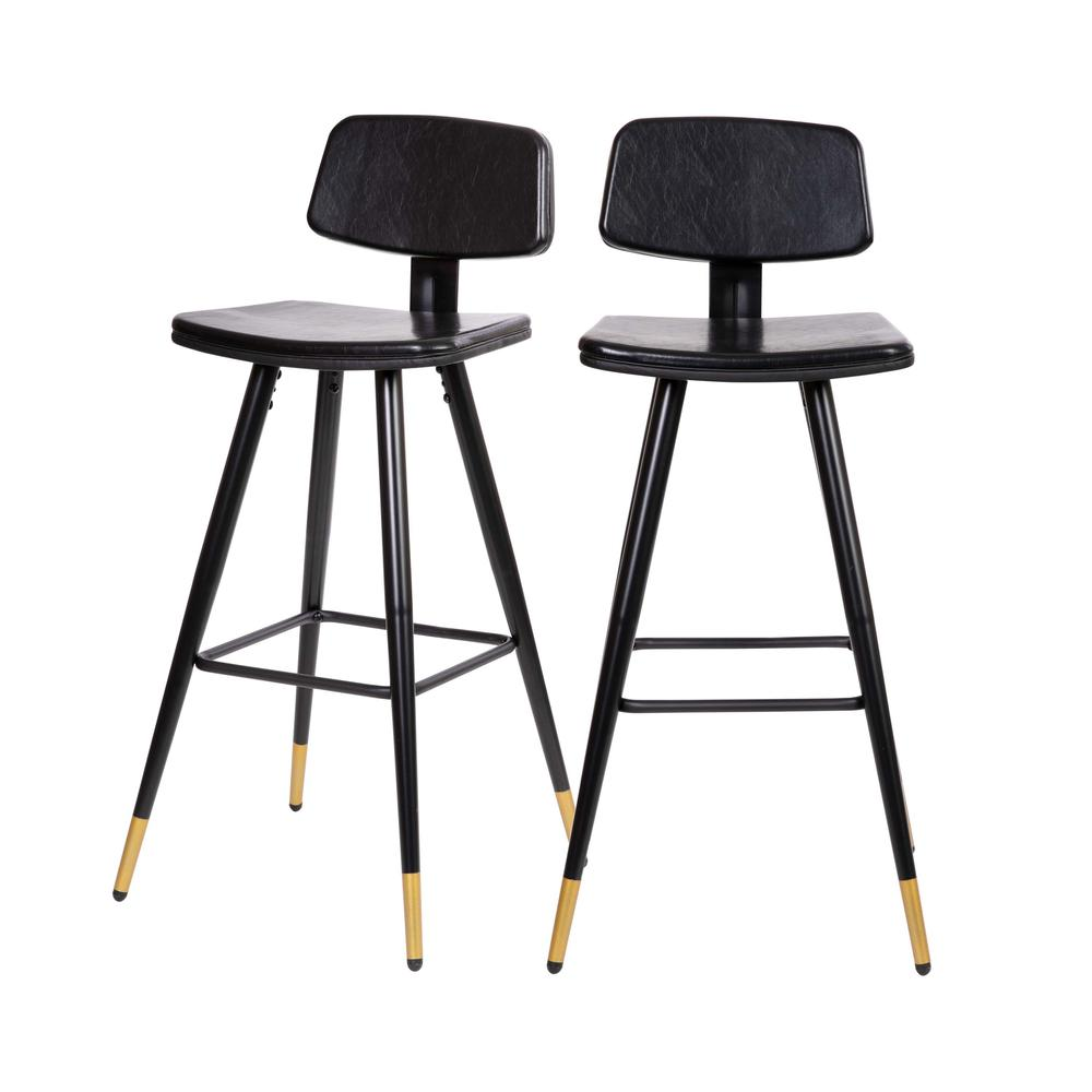 Low Back Barstools-Black Upholstery-Black Iron Frame--Set of 2