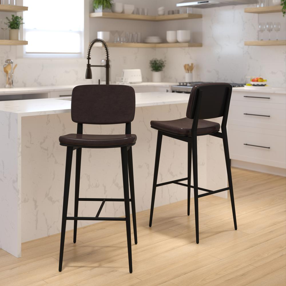 Mid-Back Barstools - Brown Upholstery - Black Iron Frame - Set of 2