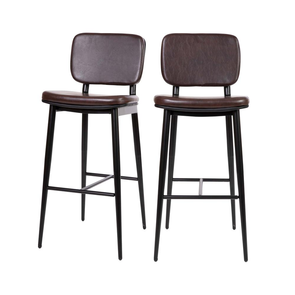 Mid-Back Barstools - Brown Upholstery - Black Iron Frame - Set of 2