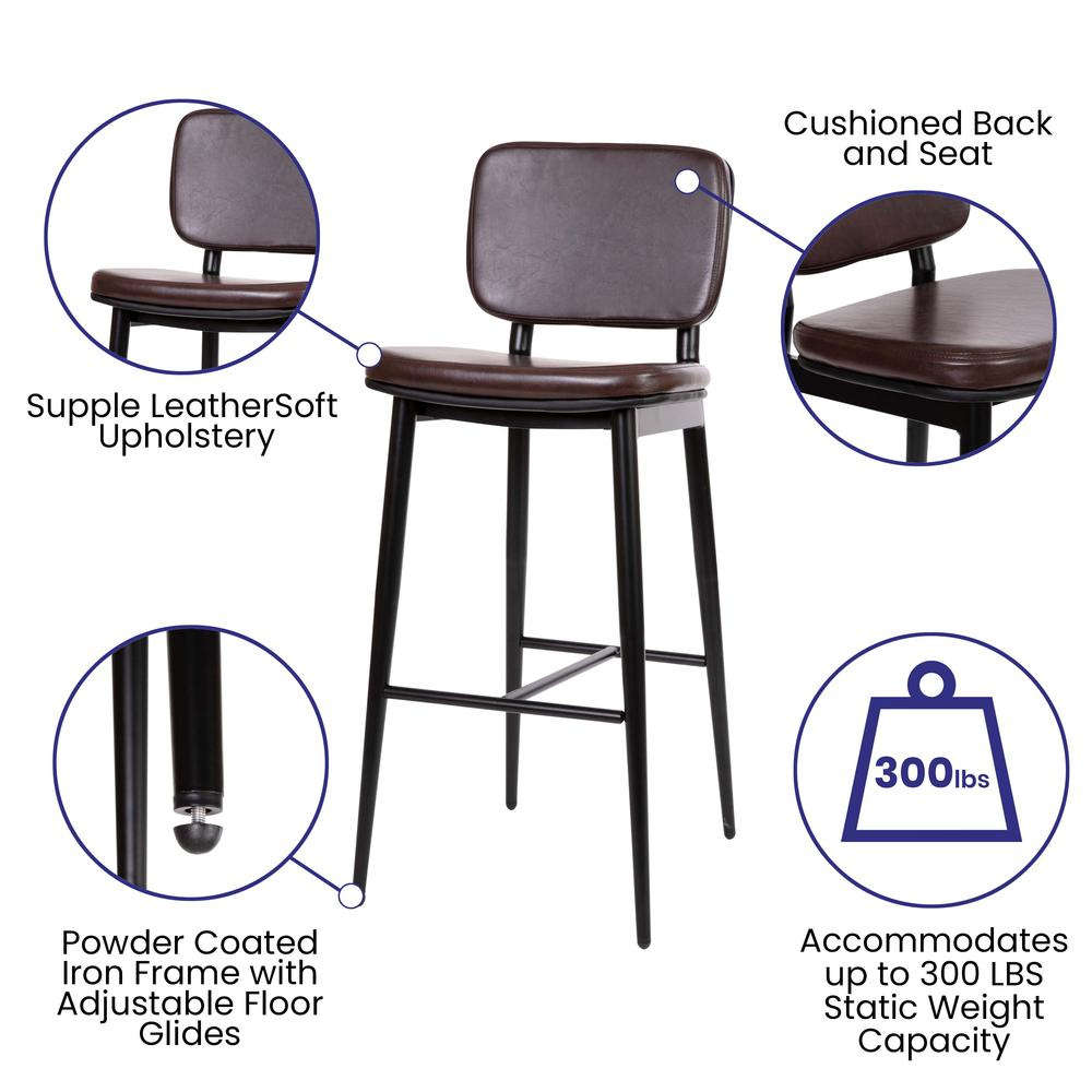 Mid-Back Barstools - Brown Upholstery - Black Iron Frame - Set of 2