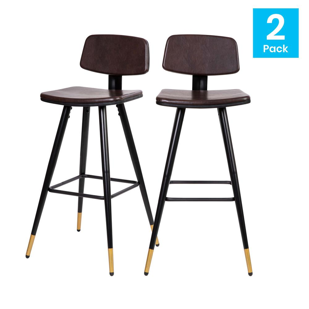 Low Back Barstools-Brown Upholstery-Black Iron Frame--Set of 2