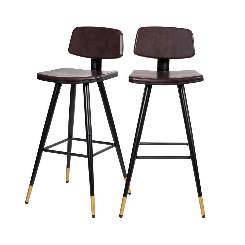 Low Back Barstools-Brown Upholstery-Black Iron Frame--Set of 2