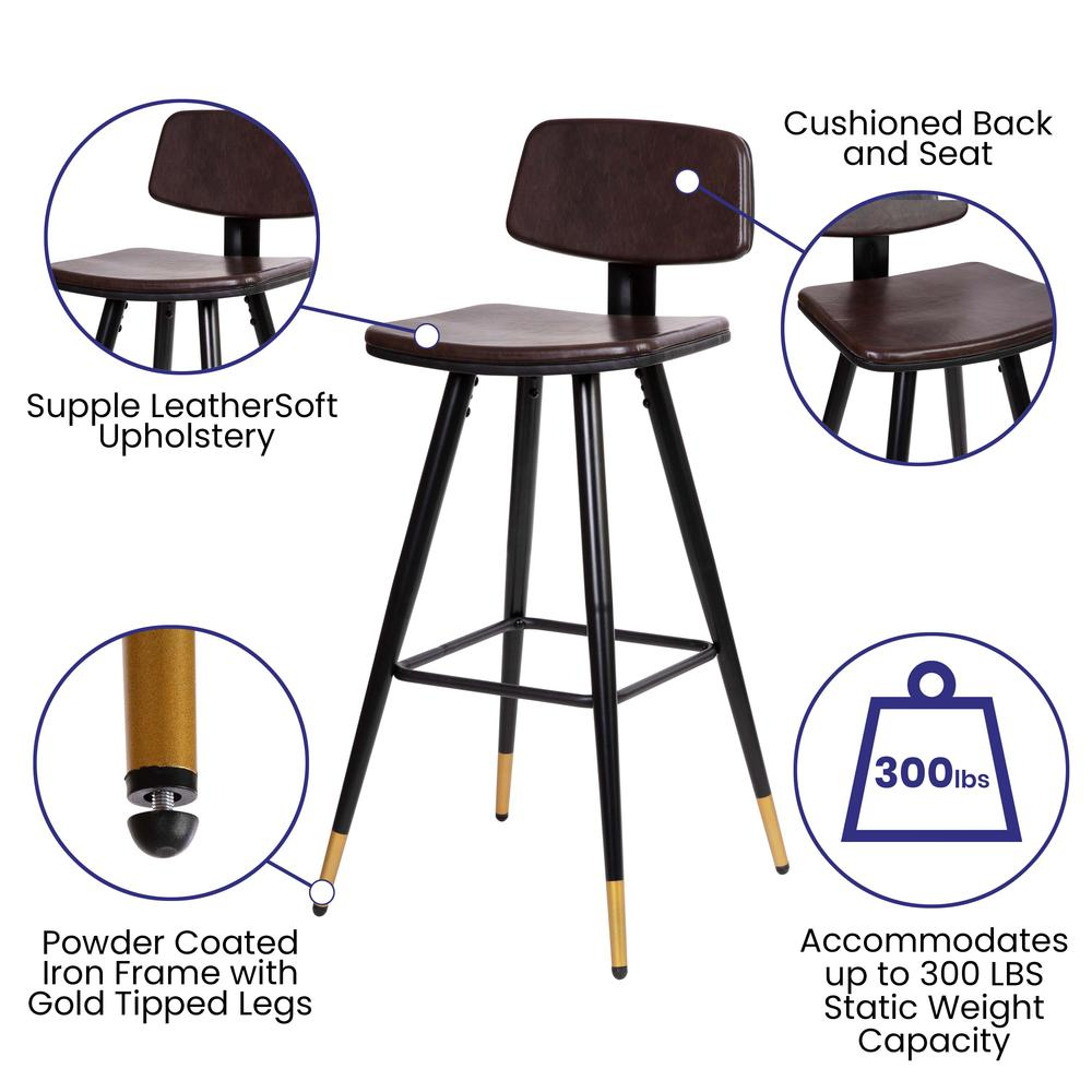 Low Back Barstools-Brown Upholstery-Black Iron Frame--Set of 2