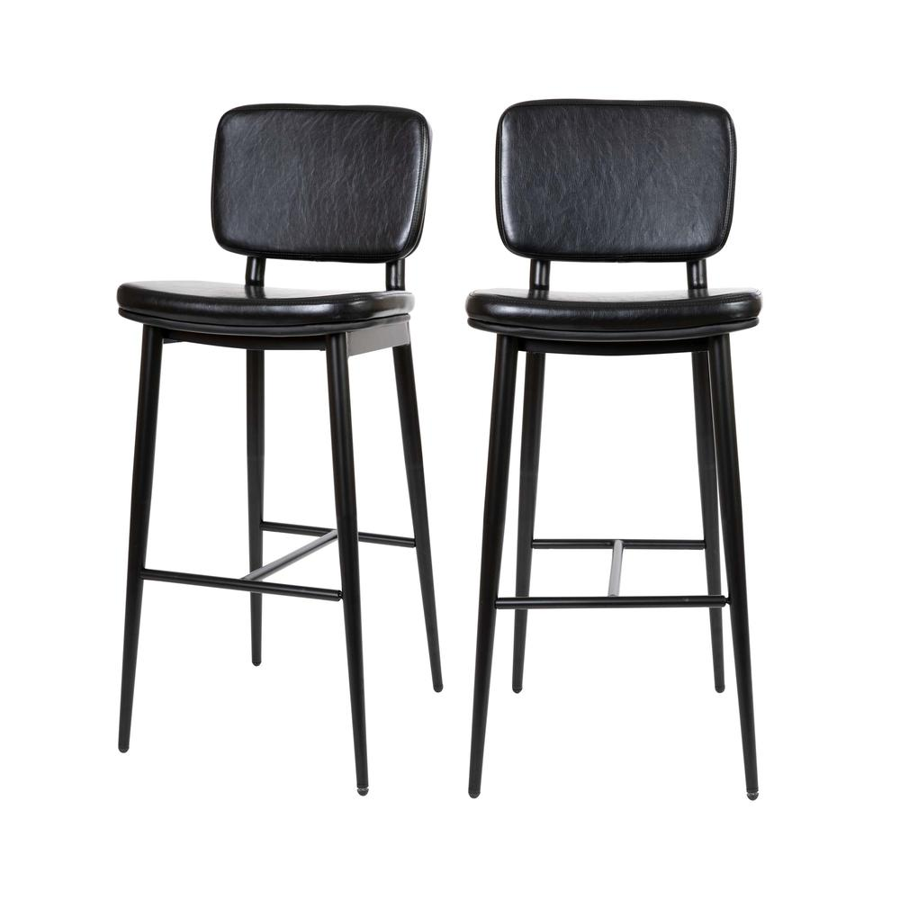 Mid-Back Barstools - Black Upholstery - Black Iron Frame - Set of 2