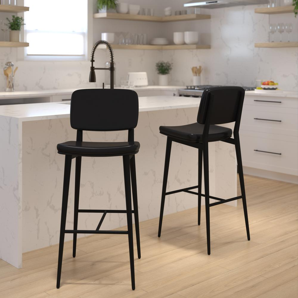 Mid-Back Barstools - Black Upholstery - Black Iron Frame - Set of 2