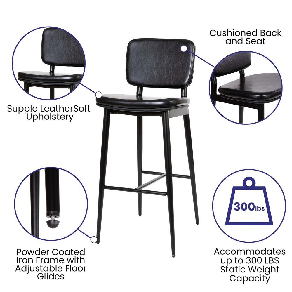 Mid-Back Barstools - Black Upholstery - Black Iron Frame - Set of 2