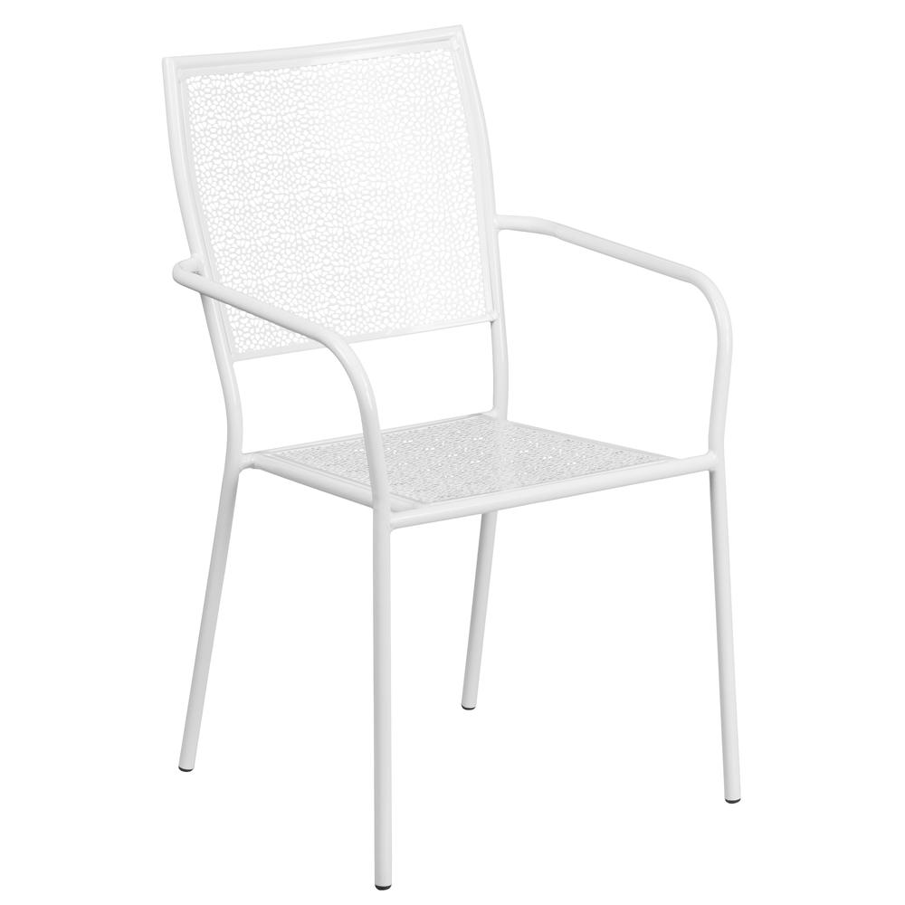 Commercial Grade White Indoor-Outdoor Steel Patio Arm Chair with Square Back