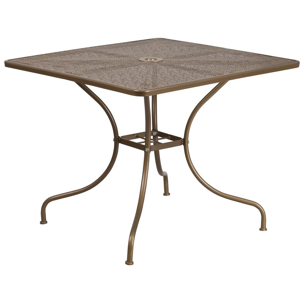 35.5" Square Gold Indoor-Outdoor Steel Patio Table with Umbrella Hole