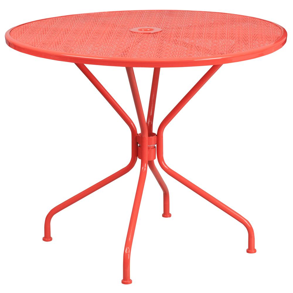 35.25" Round Coral Indoor-Outdoor Steel Patio Table with Umbrella Hole