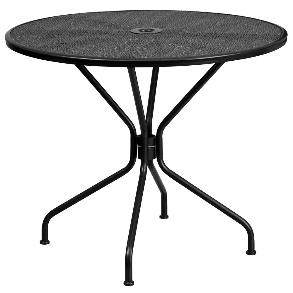 35.25" Round Black Indoor-Outdoor Steel Patio Table with Umbrella Hole