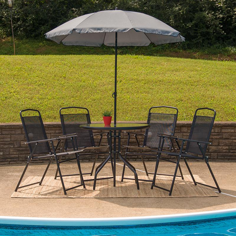 6 Piece Black Patio Garden Set with Umbrella Table and Set of 4 Folding Chairs