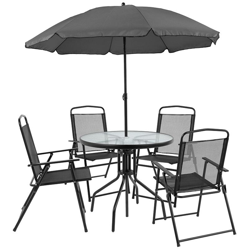 6 Piece Black Patio Garden Set with Umbrella Table and Set of 4 Folding Chairs