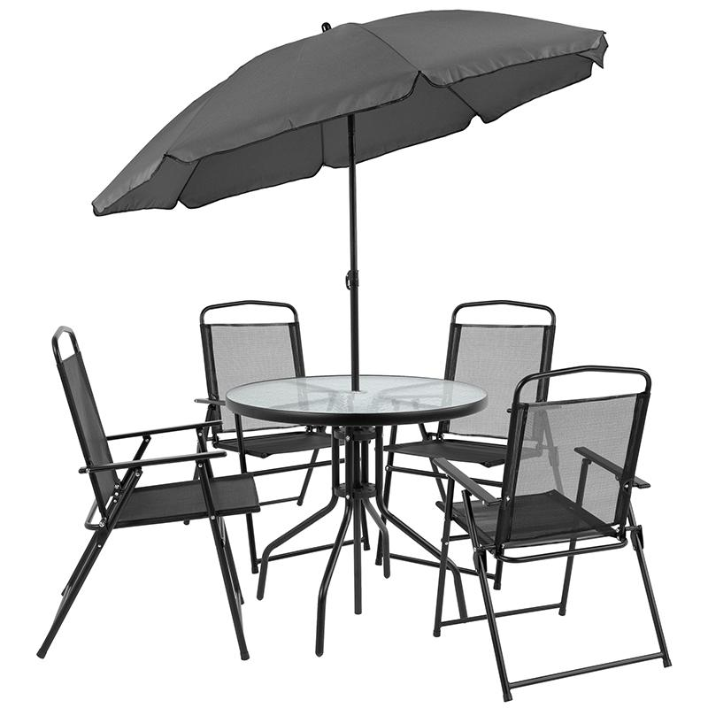 6 Piece Black Patio Garden Set with Umbrella Table and Set of 4 Folding Chairs