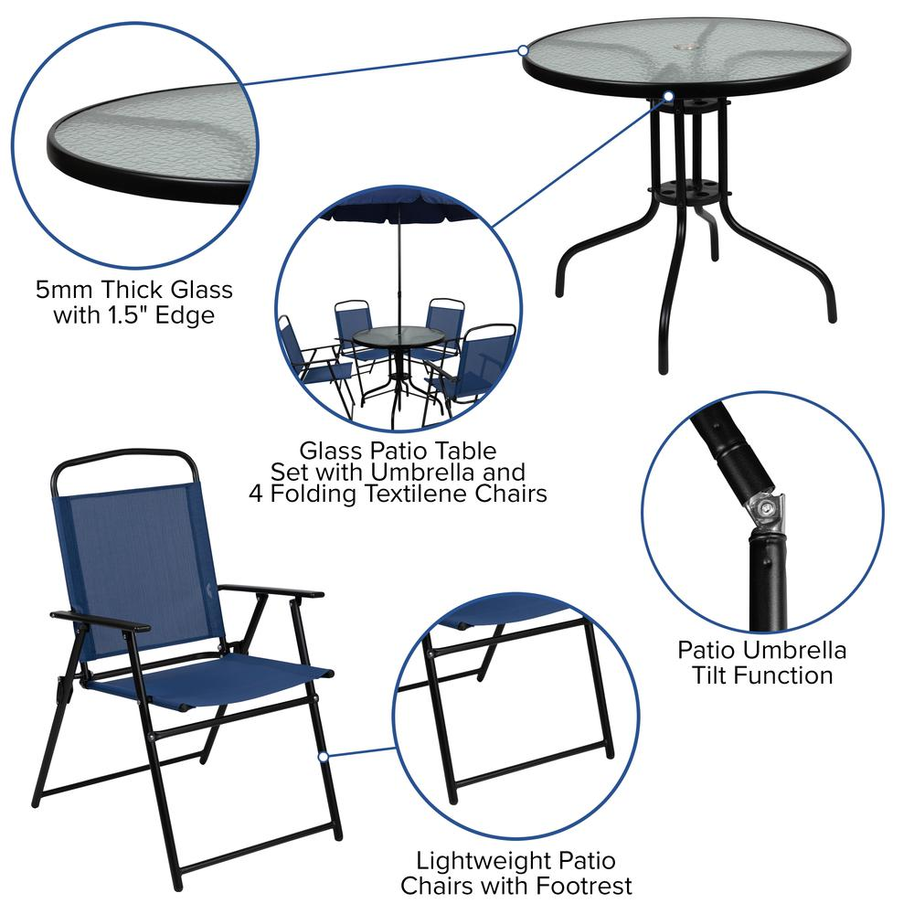 6 Piece Navy Patio Garden Set with Umbrella Table and Set of 4 Folding Chairs