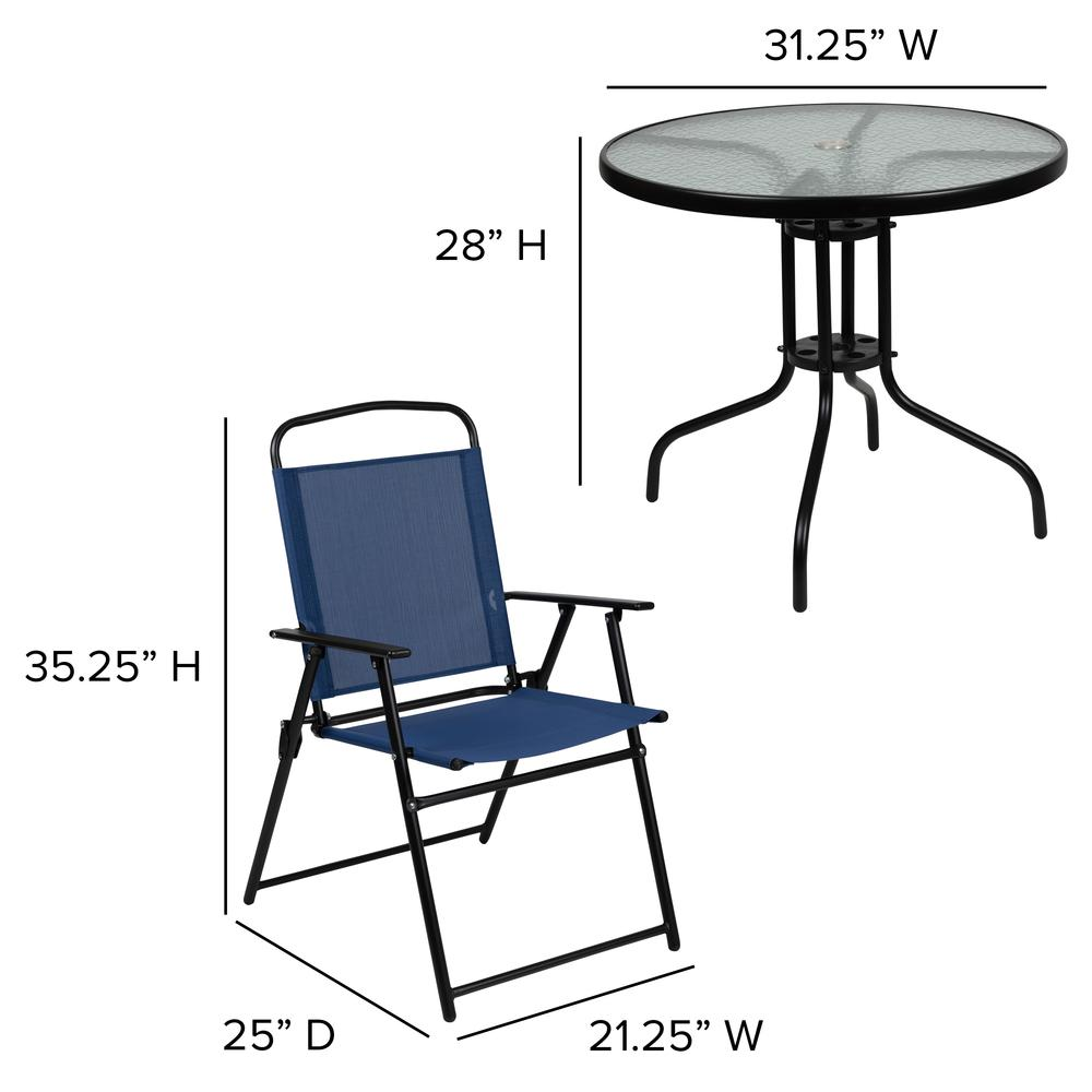 6 Piece Navy Patio Garden Set with Umbrella Table and Set of 4 Folding Chairs