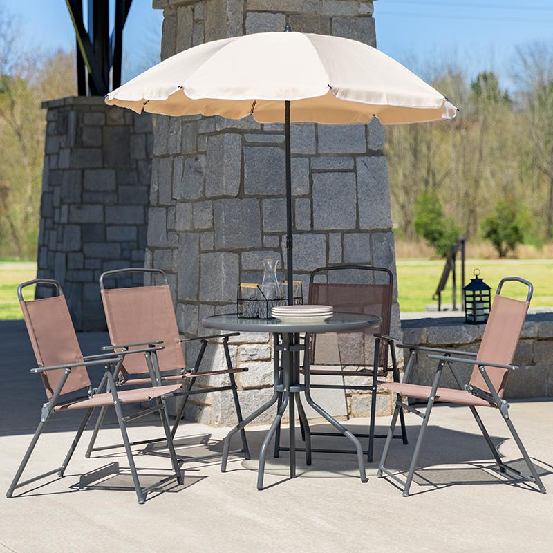 6 Piece Brown Patio Garden Set with Umbrella Table and Set of 4 Folding Chairs