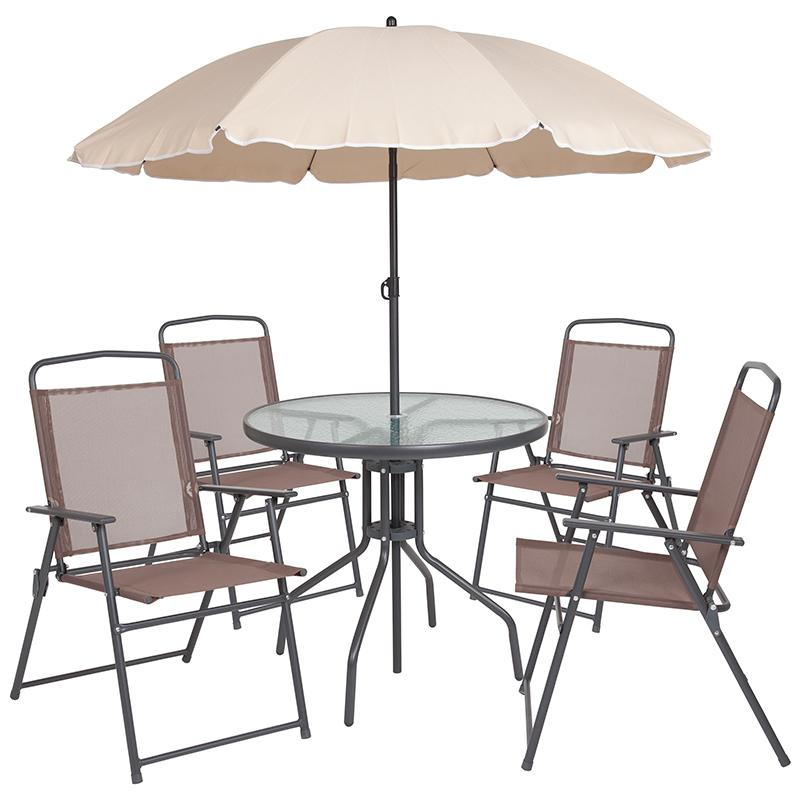 6 Piece Brown Patio Garden Set with Umbrella Table and Set of 4 Folding Chairs