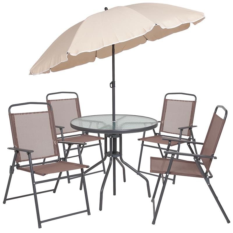 6 Piece Brown Patio Garden Set with Umbrella Table and Set of 4 Folding Chairs