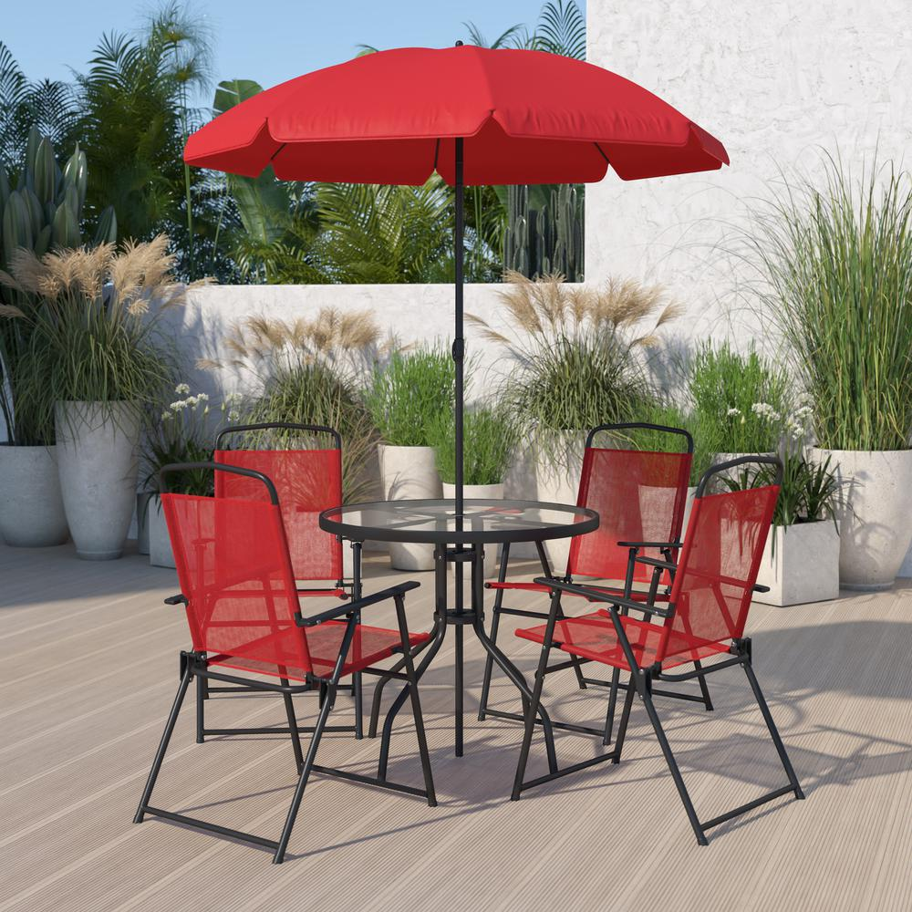 6 Piece Red Patio Garden Set with Umbrella Table and Set of 4 Folding Chairs