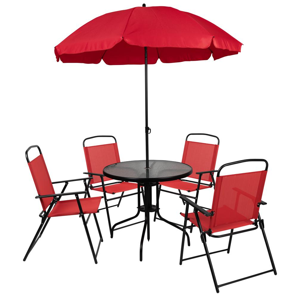 6 Piece Red Patio Garden Set with Umbrella Table and Set of 4 Folding Chairs