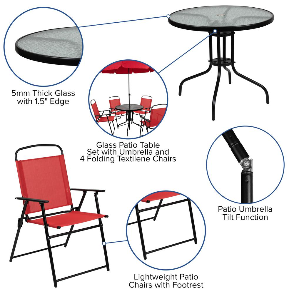 6 Piece Red Patio Garden Set with Umbrella Table and Set of 4 Folding Chairs