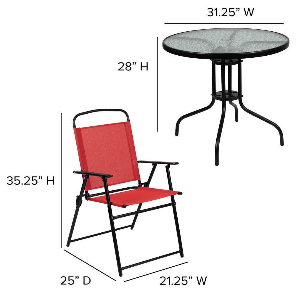 6 Piece Red Patio Garden Set with Umbrella Table and Set of 4 Folding Chairs