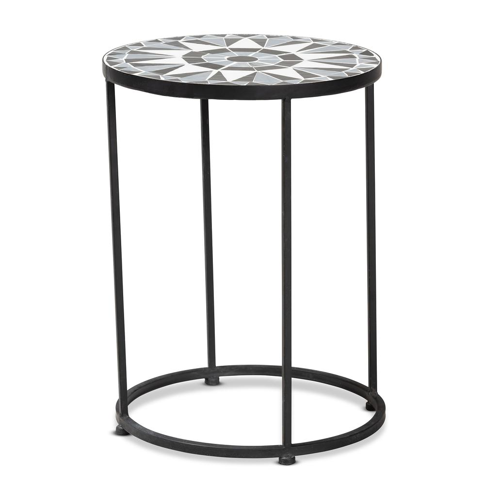 Multi-Colored Glass and Black Metal Outdoor Side Table