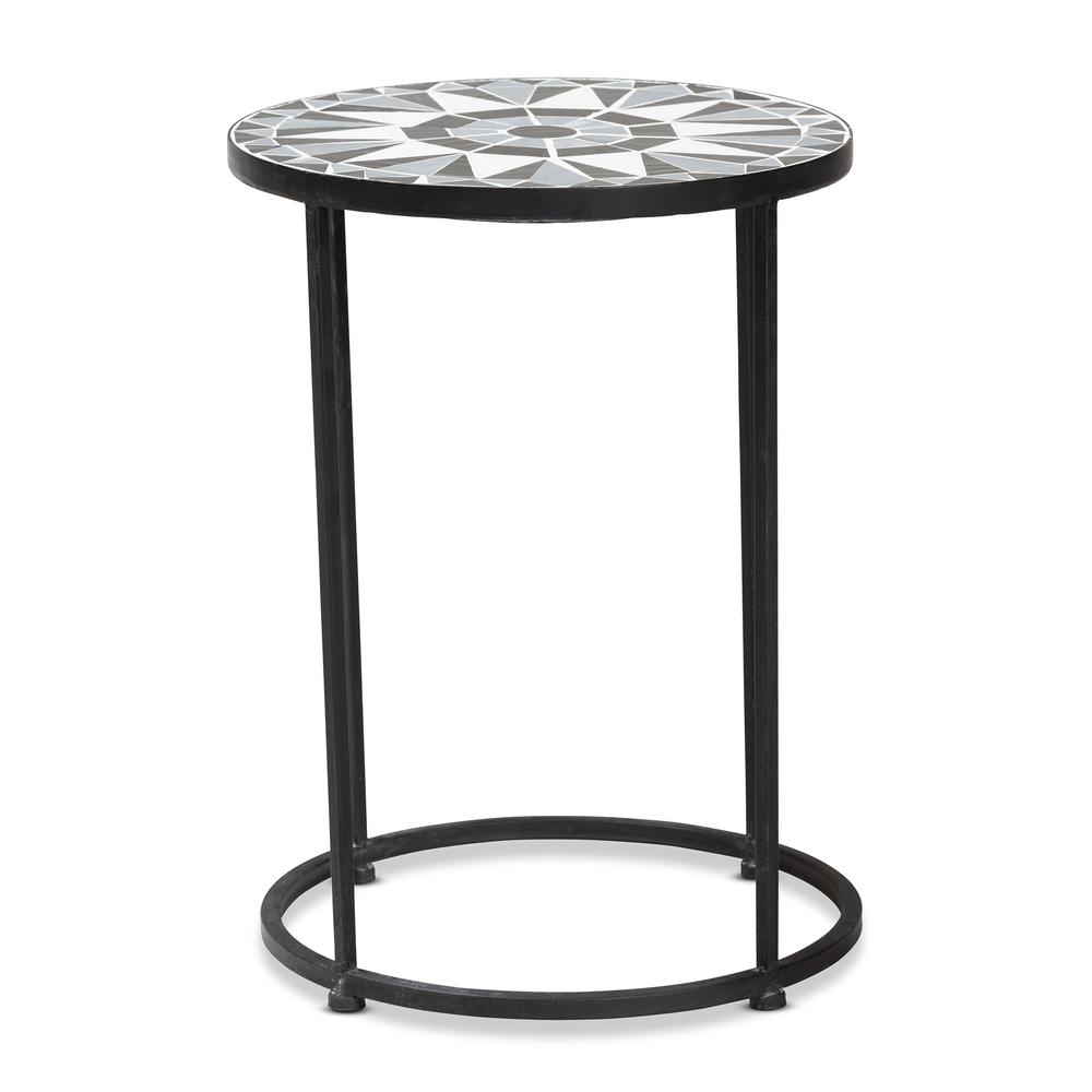 Multi-Colored Glass and Black Metal Outdoor Side Table