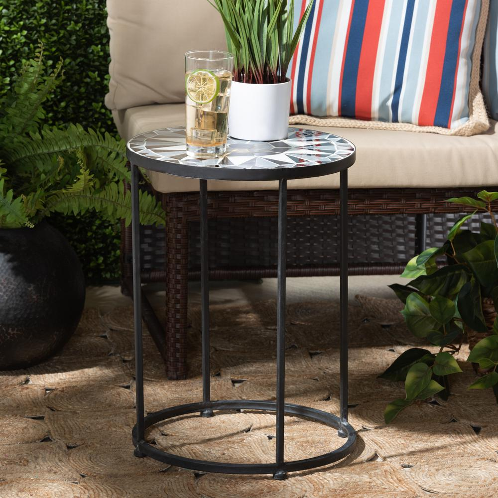 Multi-Colored Glass and Black Metal Outdoor Side Table