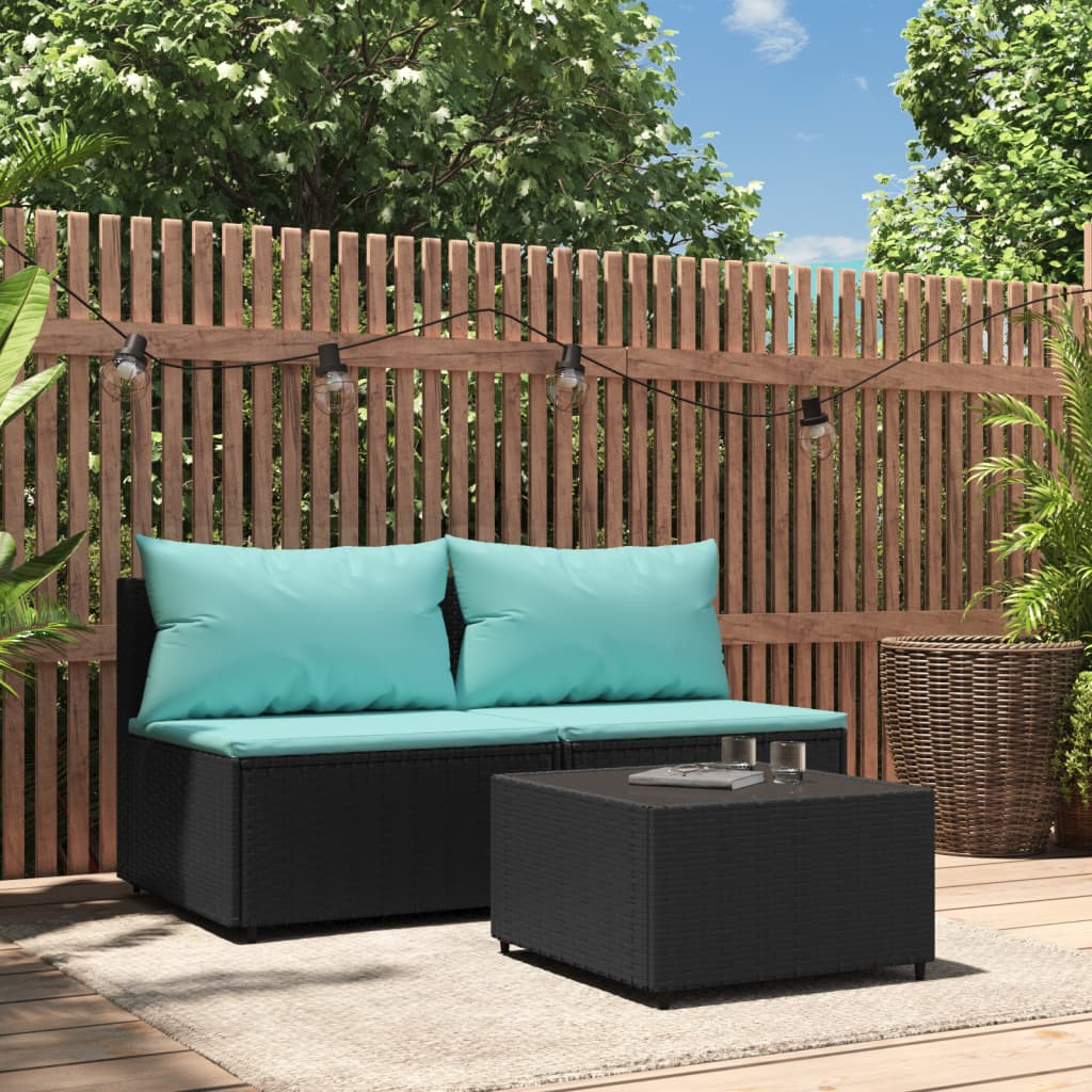 vidaXL 3 Piece Patio Lounge Set with Cushions Black Poly Rattan