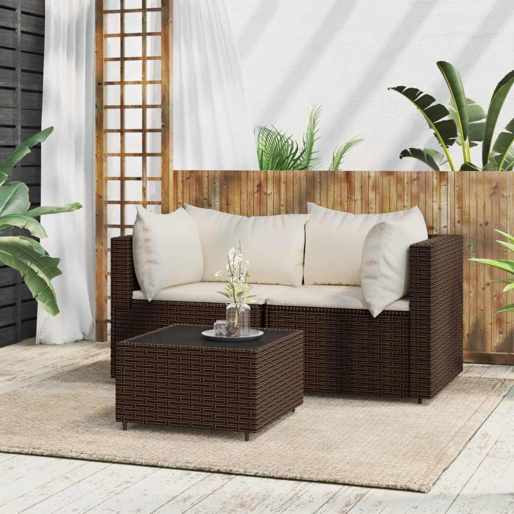 vidaXL 3 Piece Patio Lounge Set with Cushions Brown Poly Rattan