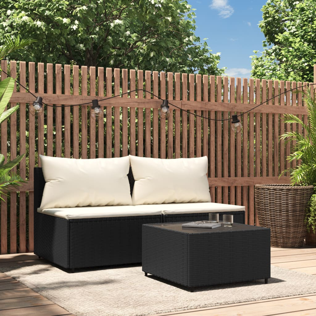 vidaXL 3 Piece Patio Lounge Set with Cushions Black Poly Rattan