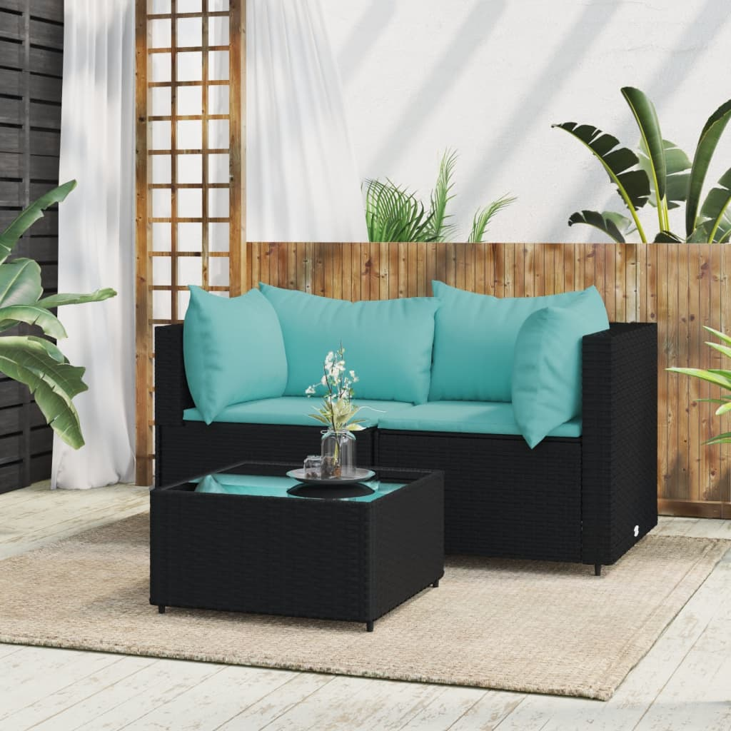 vidaXL 3 Piece Patio Lounge Set with Cushions Black Poly Rattan