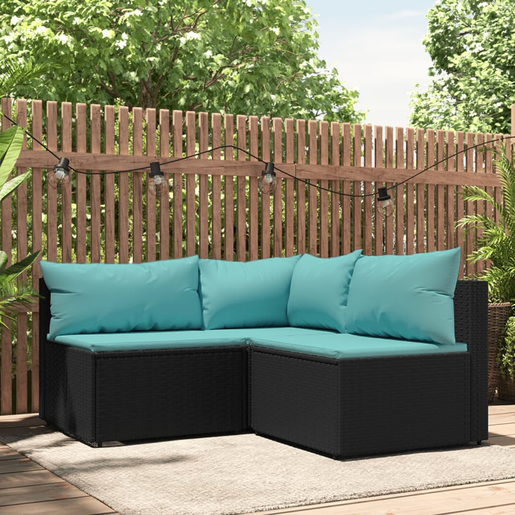 vidaXL 3 Piece Patio Lounge Set with Cushions Black Poly Rattan