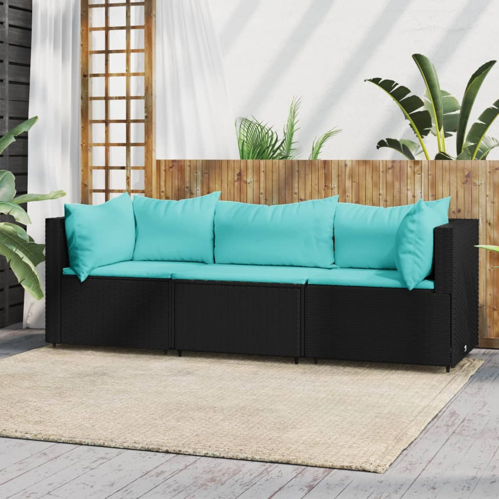 vidaXL 3 Piece Patio Lounge Set with Cushions Black Poly Rattan