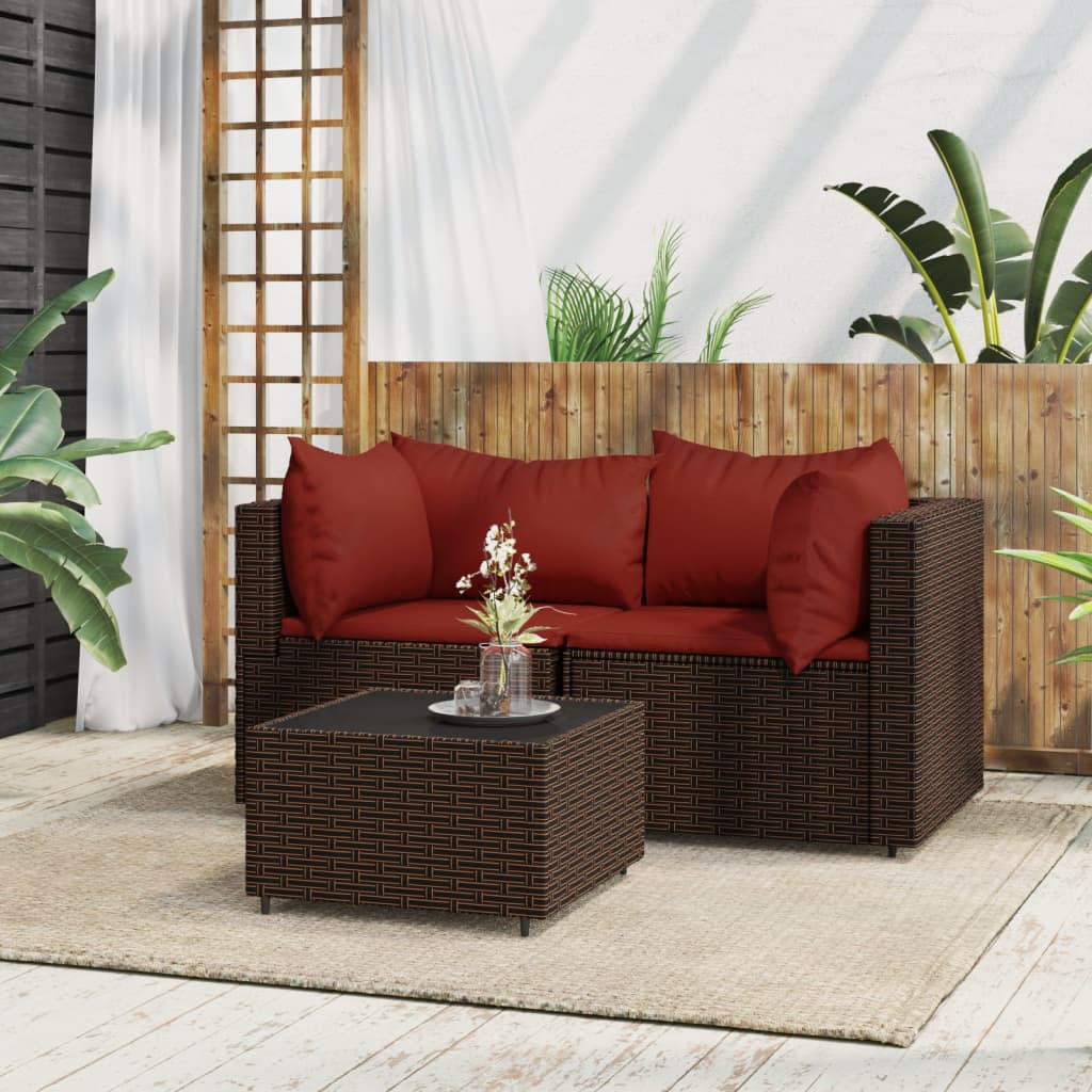 vidaXL 3 Piece Patio Lounge Set with Cushions Brown Poly Rattan