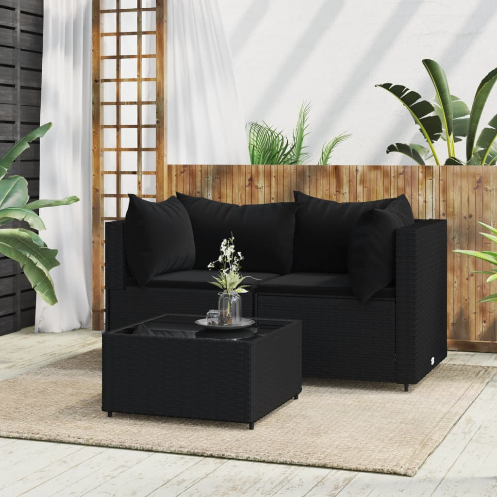 vidaXL 3 Piece Patio Lounge Set with Cushions Black Poly Rattan